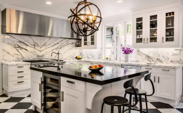 black and white kitchen marble countertops and backsplash