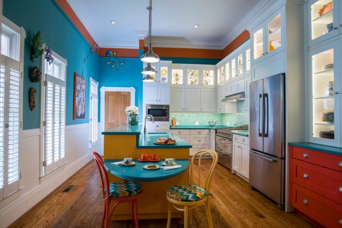white-shaker-kitchen-cabinets-blue-kitchen-eclectic-wild-colors-kitchen