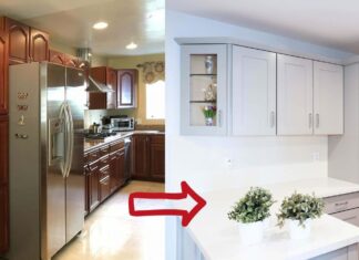 Warmth And Neutrality Combined: Gray Kitchen Cabinets maple-cabinets-to-gray-shaker-cabinets-remodel
