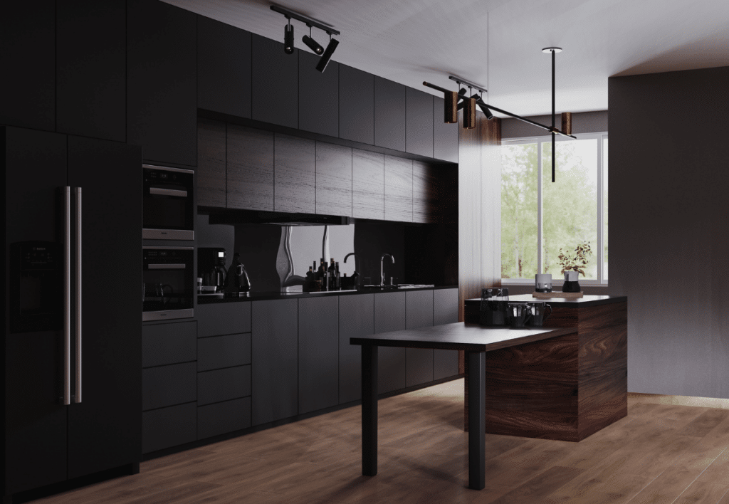 luxury dark kitchen cabinets with flat-panel doors