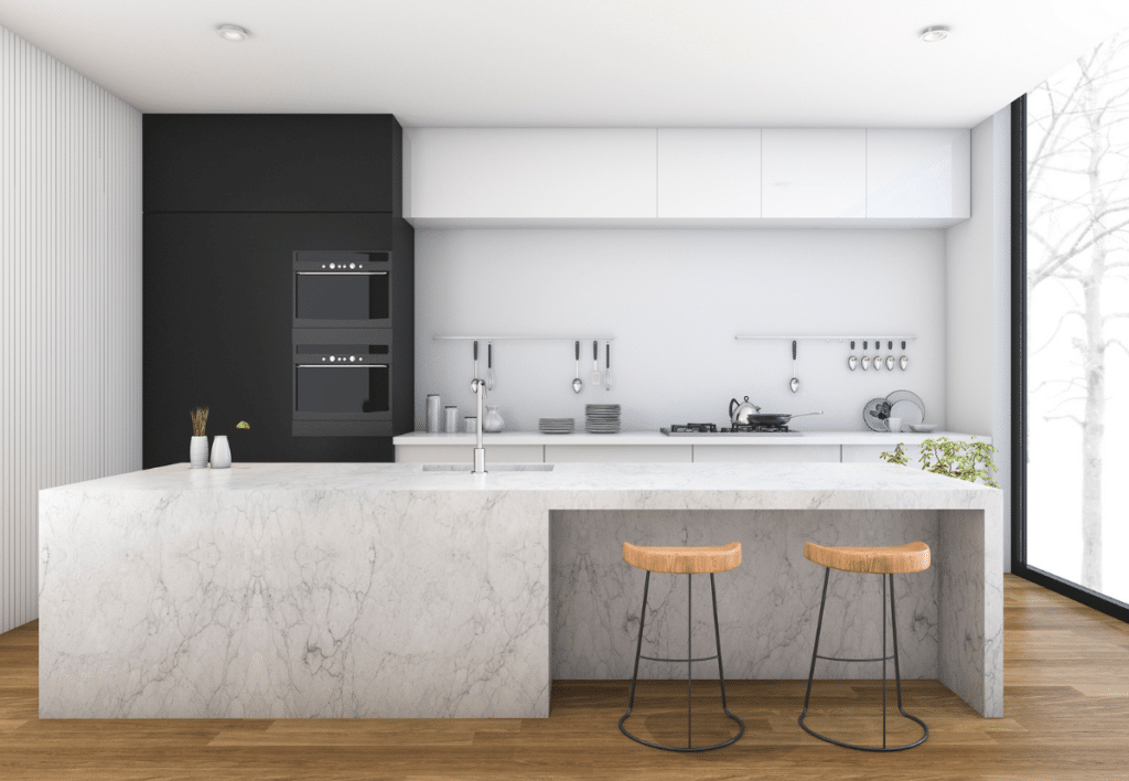 modern white flat-panel kitchen cabinets with built-in appliances