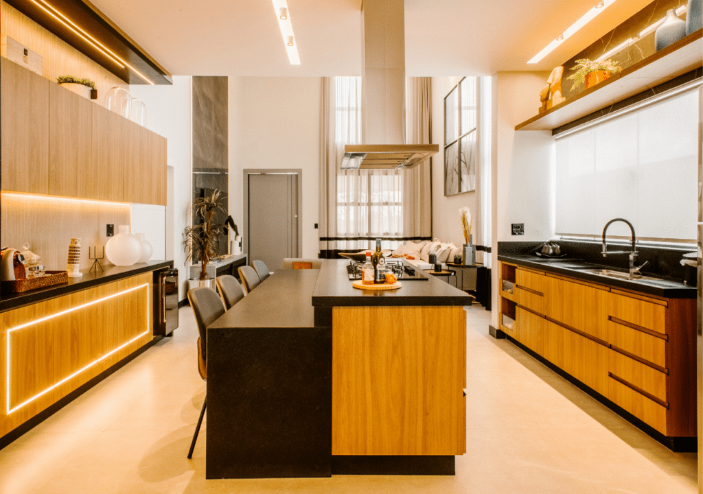 warm wood kitchen cabinet design with recessed handle mechanism