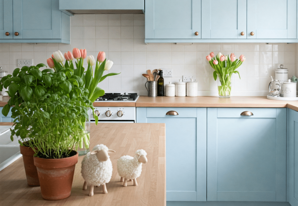 modern kitchen with blue cabinets