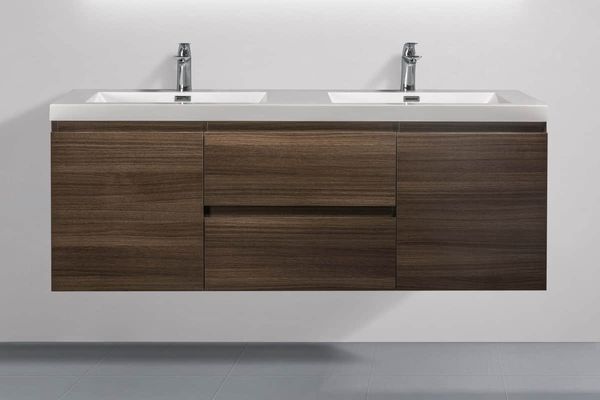 Angela 60 in. Vanity in Grey Oak with Acrylic Vanity Top in High Gloss White with Two High Gloss White Basins