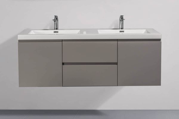 Onni White 60 in. Vanity in Light Grey with Acrylic Vanity Top in White with Two White Basins
